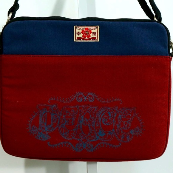 Lucky Brand Canvas Crossbody Messenger Bag Red & Navy Logo Patch Laptop - Picture 2 of 5